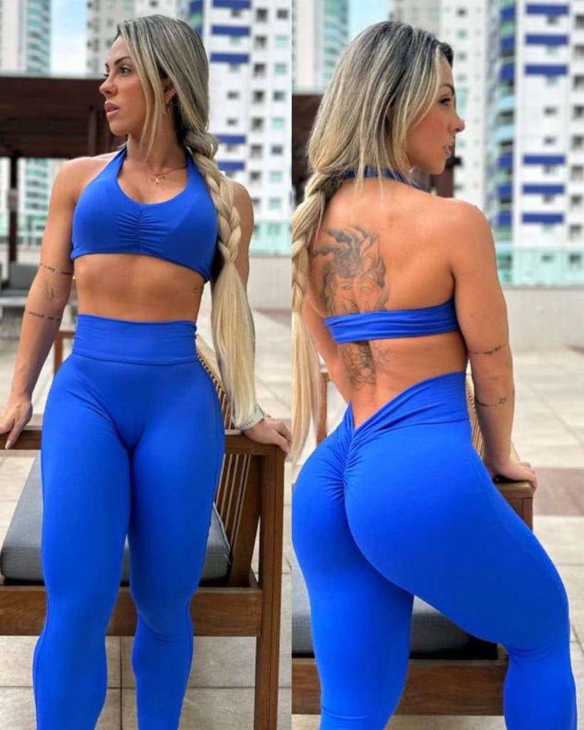 New Set Top & Legging V Fire Back Azul Royale • High Waist